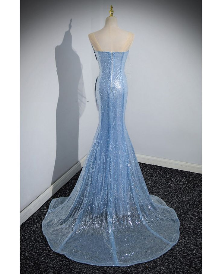 Stylish Mermaid Sequin Blue Scalloped Prom Dress Shiny Party Evening Dress cc1691