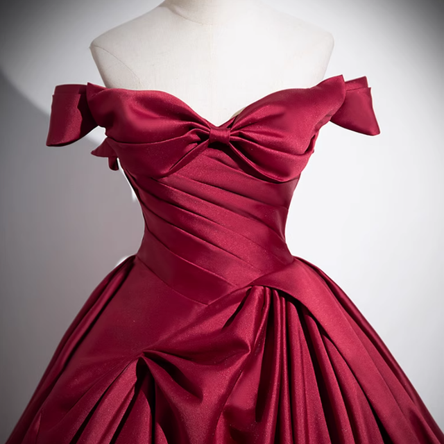 Burgundy Off The Satin Pleated Ball Gown A Line Prom Dress cc1723
