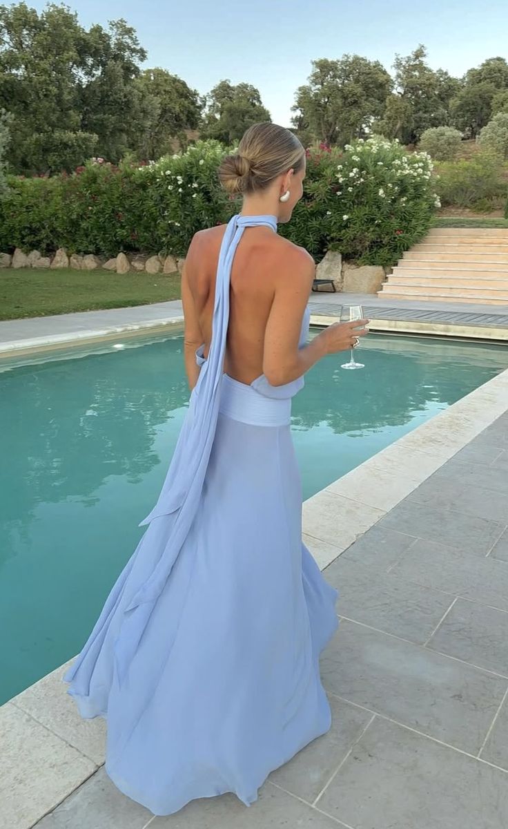 Elegant Blue Loose Halter Neck Tie Backless Chiffon Long Prom Dress Evening Dress cc4844