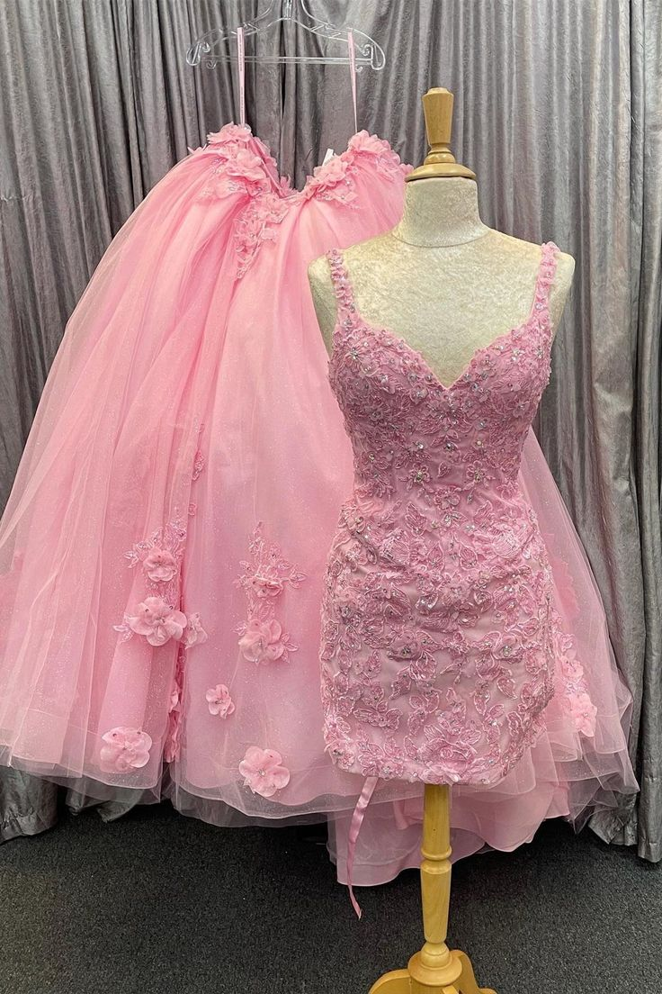 Chic Pink Tulle Floral Appliques Quinceanera Dress Two-Wear Ball Gown cc1739