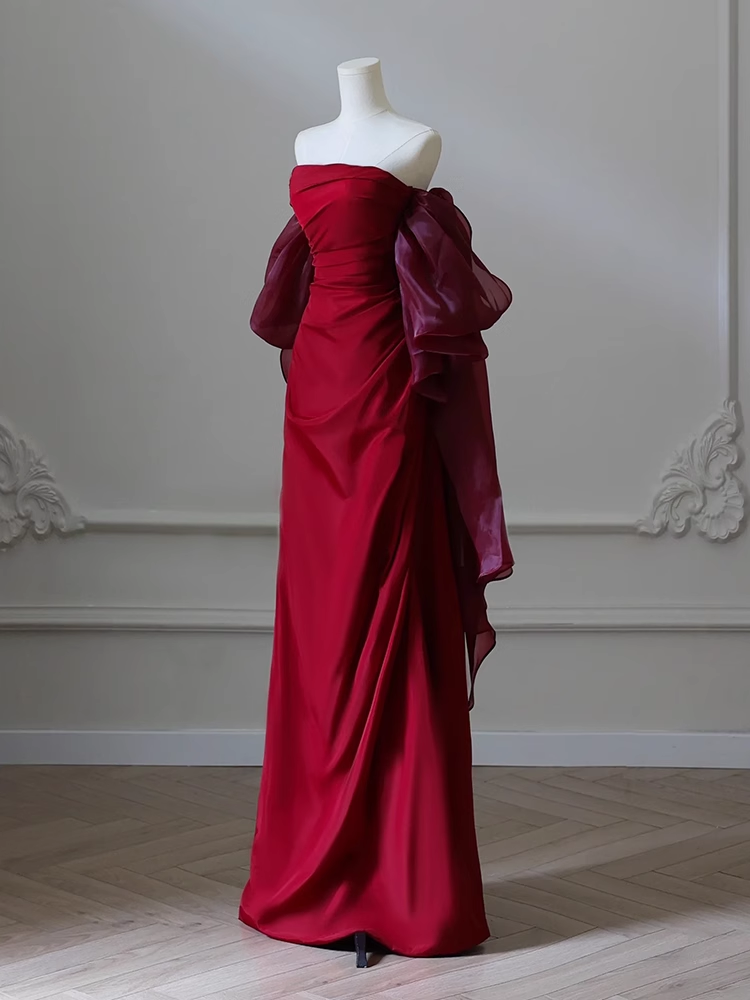 Burgundy Strapless Pleats Prom Dress Elegant Mermaid Evening Dress Wedding Party Dress cc1440