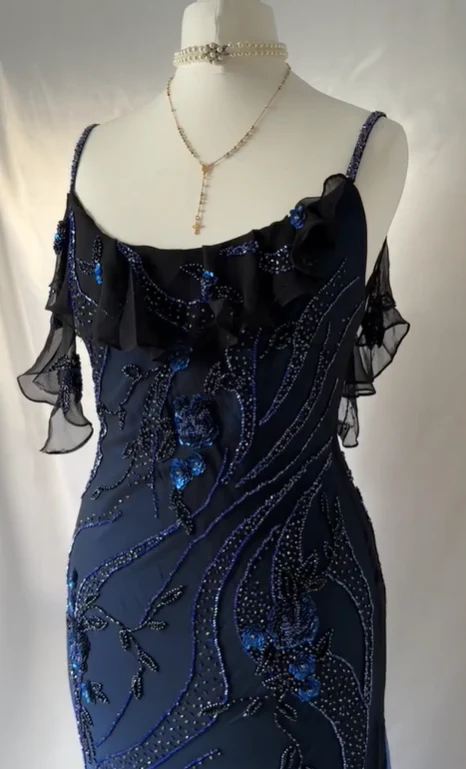 Charmong Navy Blue Chiffon Beaded Long Prom Dress Formal Party Dress cc1416