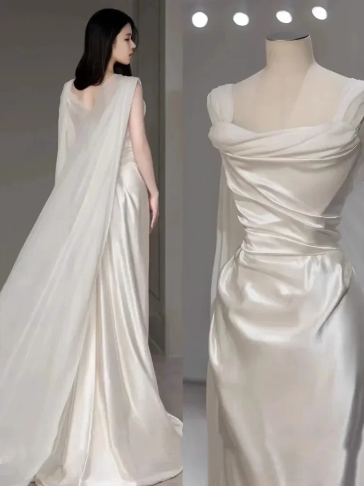 Beautiful Wedding Dress New Simple Two Wear Slim Satin White Prom Dress cc1656