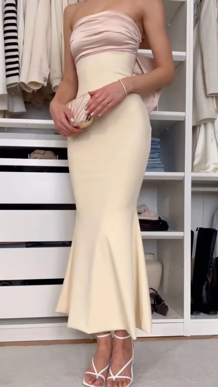 Elegant Mermaid Long Satin Evening Dress Strapless Prom Party Dress cc1596