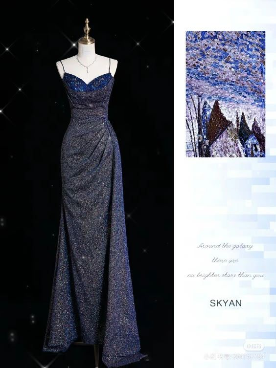 Charming Mermaid Spaghetti Straps Navy Blue Sequin Pleated Prom Dress Evening Dress cc1539