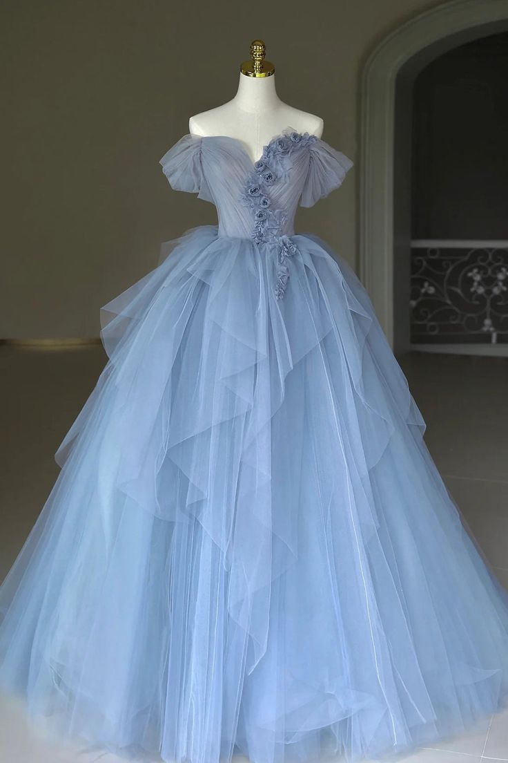 Blue Tulle Appliques Long Prom Dress, Off the Shoulder Evening Dress Ball Gown cc1695