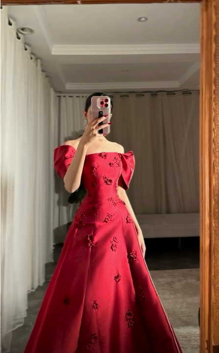 Burgundy Off The Shoulder Satin Appliques Evening Dress Classy Mermaid Party Dress cc1672