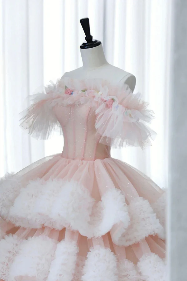 Classy Off The Shoulder Tulle Pleated Tiered Ball Gown Sweet Quinceanera Dress cc1771