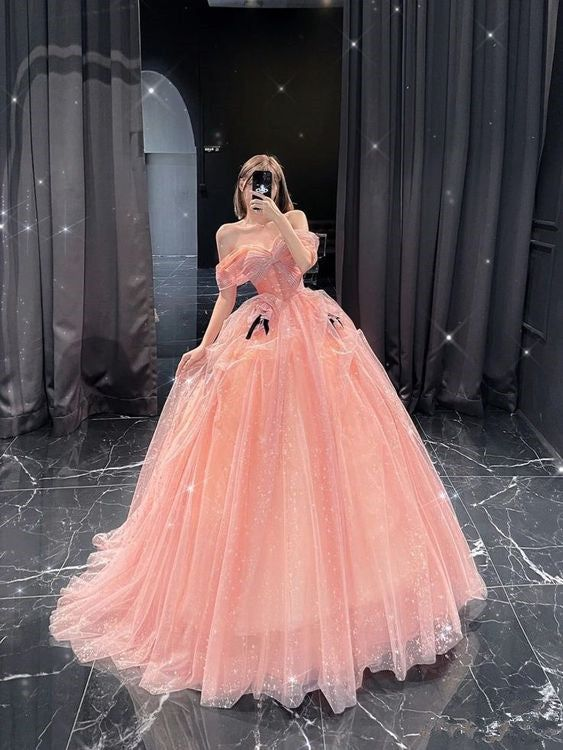 Charming Of The Shoulder Ball Gown A Line Pink Tulle Prom Dress cc1730
