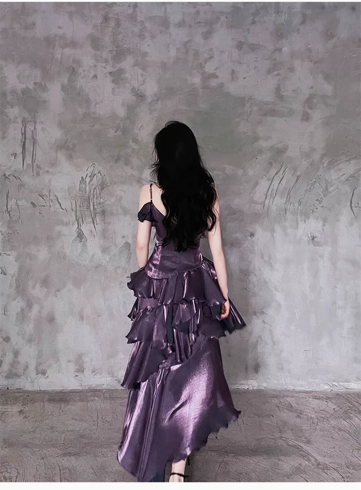 Purple Irregular Ruffle Spaghetti Straps Prom Dress Long Layered Birthday Dress Party Dress cc1460