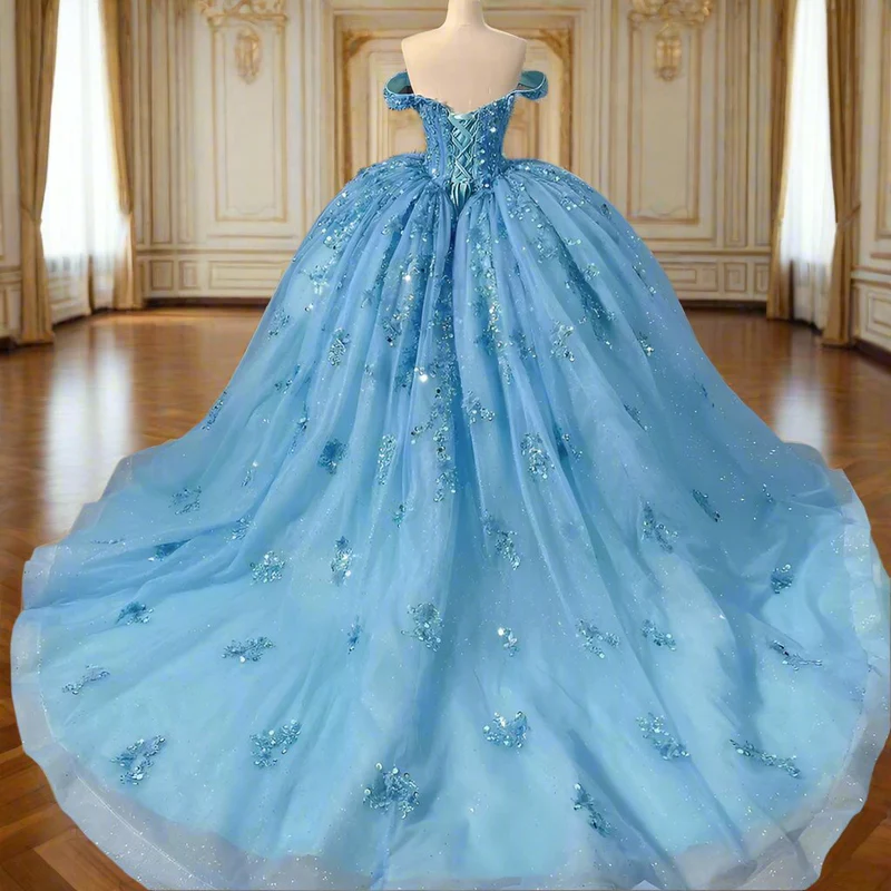 Sparkly Blue Sequins Beaded Ball Gown Luxury Off The Shoulder Sweet 16 Dress Birthday Dress cc1682