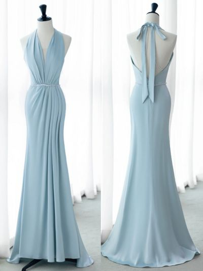 French Romantic Halter Satin Mermaid Prom Dress Blue V Neck Backless Evening Dress cc1538