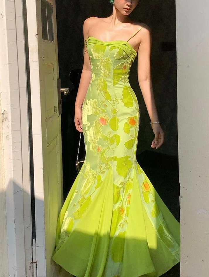 Unique Satin Print Floral Long Evening Gown Formal Mermaid Prom Dress Party Dress cc1501
