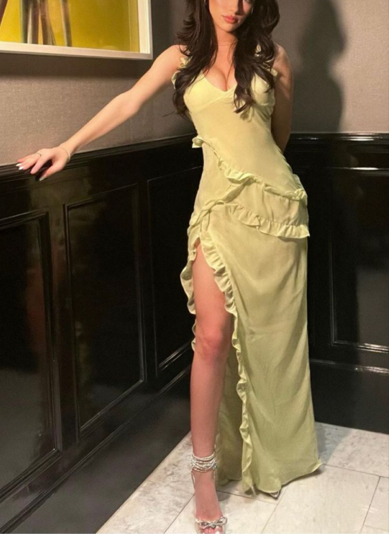Sexy Spaghetti Straps Yellow Slit Ruffles Evening Dress Long Party Prom Dress cc1719