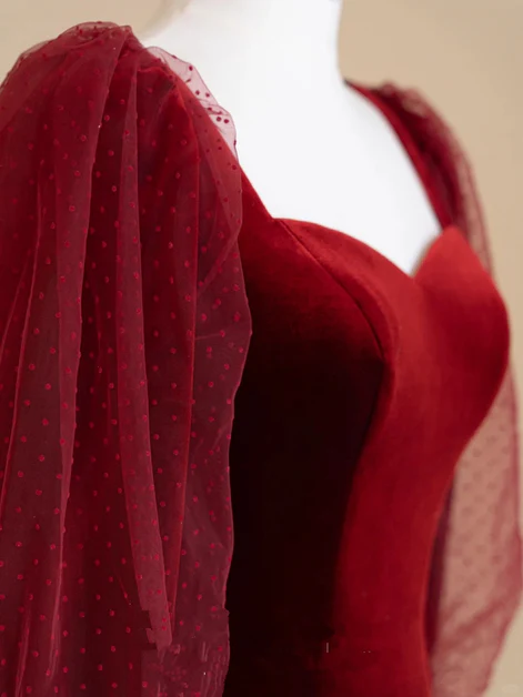 Elegant Burgundy Velvet Long Prom Dress, Puffy Sleeves Wedding Party Dress cc1513