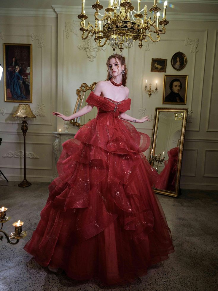 Glitter Off-Shoulder Evening Gown, Red Tulle Beaded Ball Gown Fairy Quinceanera Dress cc1702