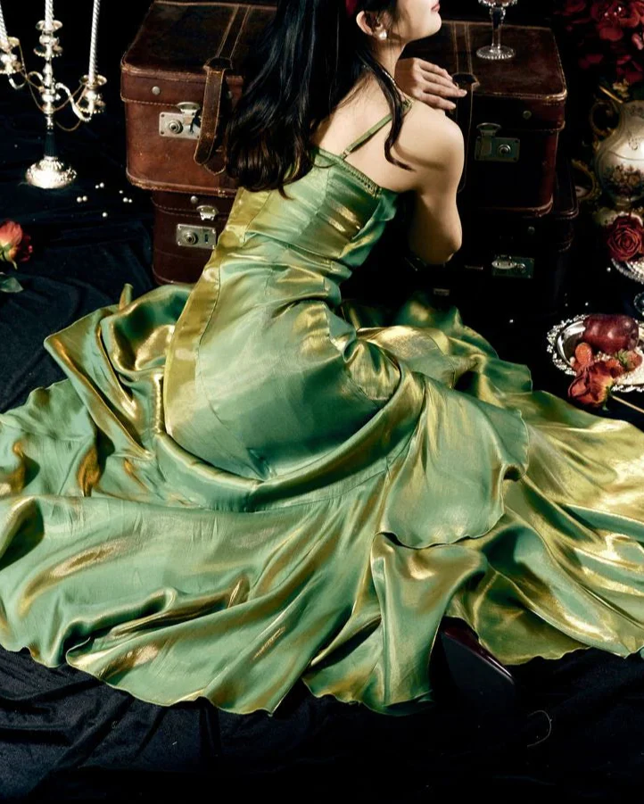 Elegant Mermaid Ruffles Spaghetti Straps Prom Dress With Flower,Formal Party Evening Dress cc1456