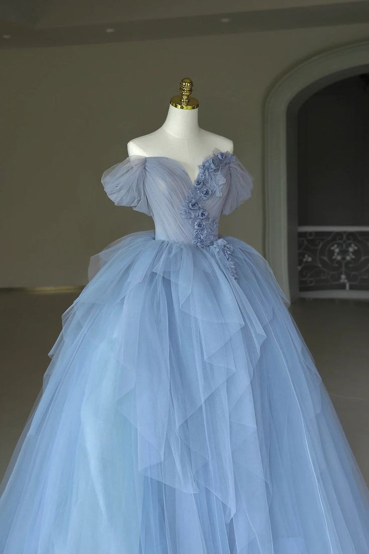 Blue Tulle Appliques Long Prom Dress, Off the Shoulder Evening Dress Ball Gown cc1695
