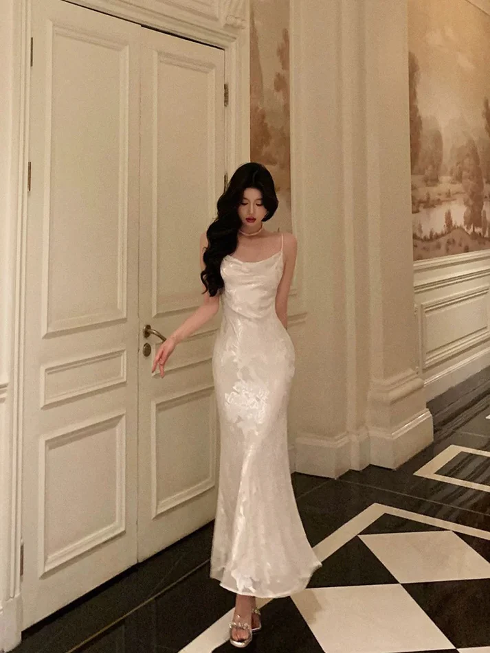 Elegant Mermaid Floral Ivory Satin Prom Dress Spaghetti Straps Party Gown Birthday Outfit cc1504