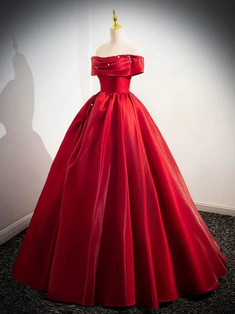 Red Satin Off Shoulder Long Prom Dress, Beautiful A Line Ball Gown cc1511