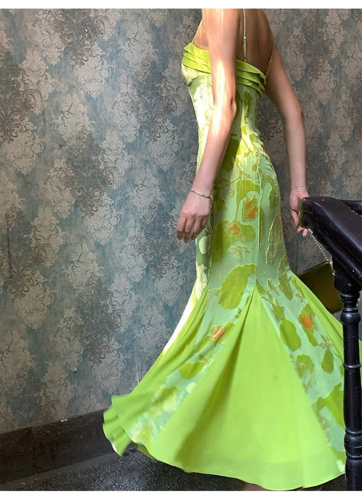 Unique Satin Print Floral Long Evening Gown Formal Mermaid Prom Dress Party Dress cc1501