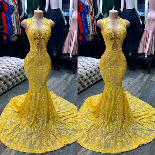 Yellow prom dresses, sheer prom dress, lace evening dress, vintage prom dresses, custom make prom dress C1465