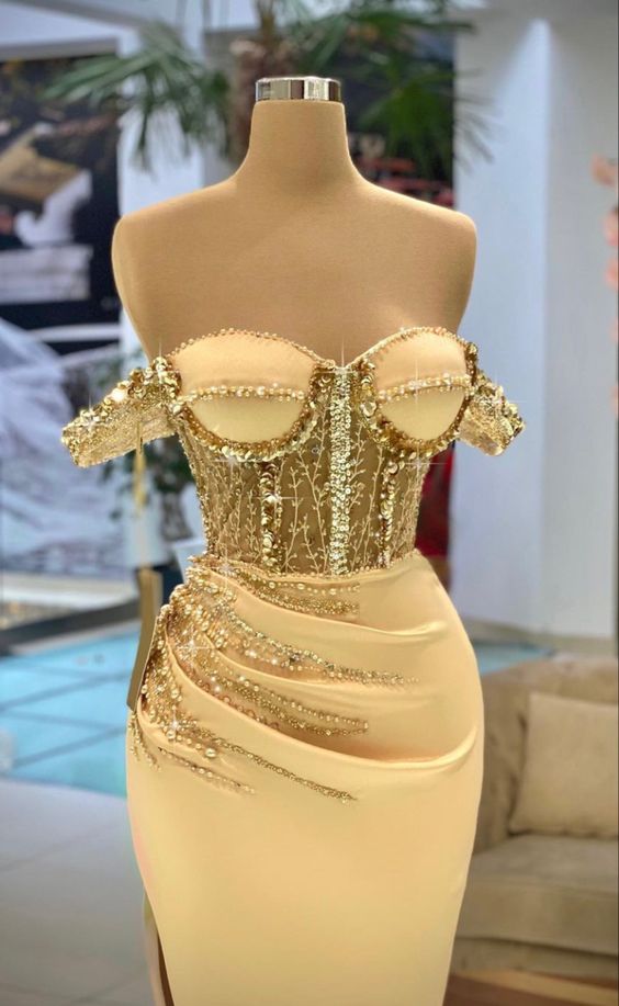 Gold Mermaid Long Prom Dress With Waist Pleat Charming Evening Dress cc272