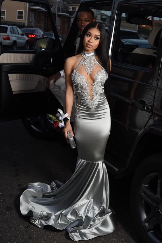 Silver Grey Mermaid Long Prom Dress Sexy Evening Dress Black Girl's Formal Gown cc269