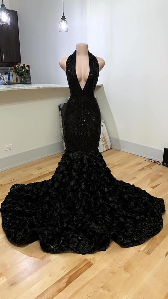 Black Halter Neck Mermaid Evening Dress With 3D Flower Sexy Formal Gown cc268
