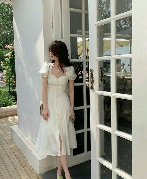 White Elegant Split Dress Women V-Neck Sweet Sexy Midi Dress Female Puff Sleeve Vintage Prom Dress cc202