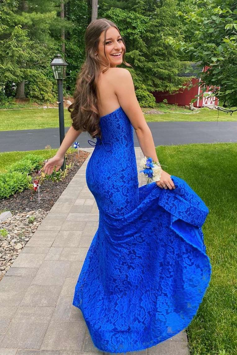 Strapless Royal Blue Lace Prom Dress with Slit cc459