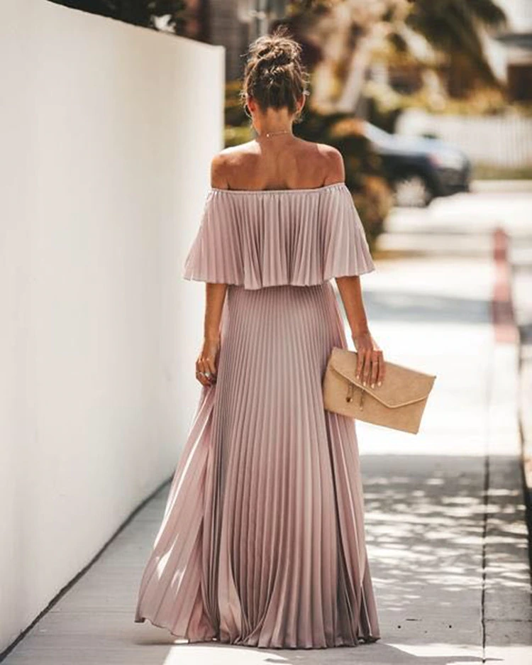 Elegant Off Shoulder Chiffon Summer Ruffle Pleated Prom Dresses C749