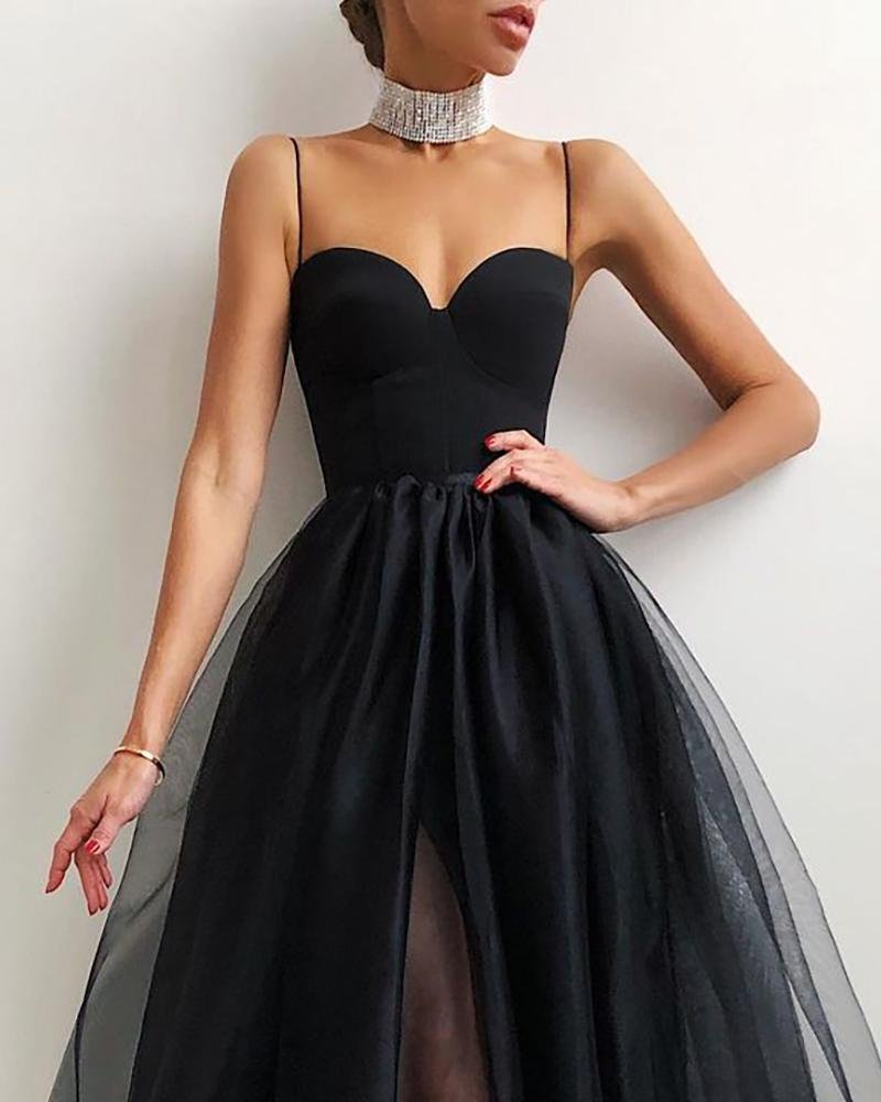 Spaghetti Strap Plain Sheer Evening Dress Simple Tulle Party Dress c2751