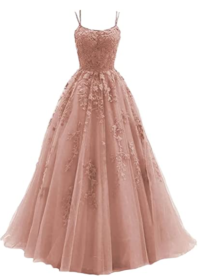 Silver spaghetti strap prom dress, long tulle lace appliquéd women's party dress C1890