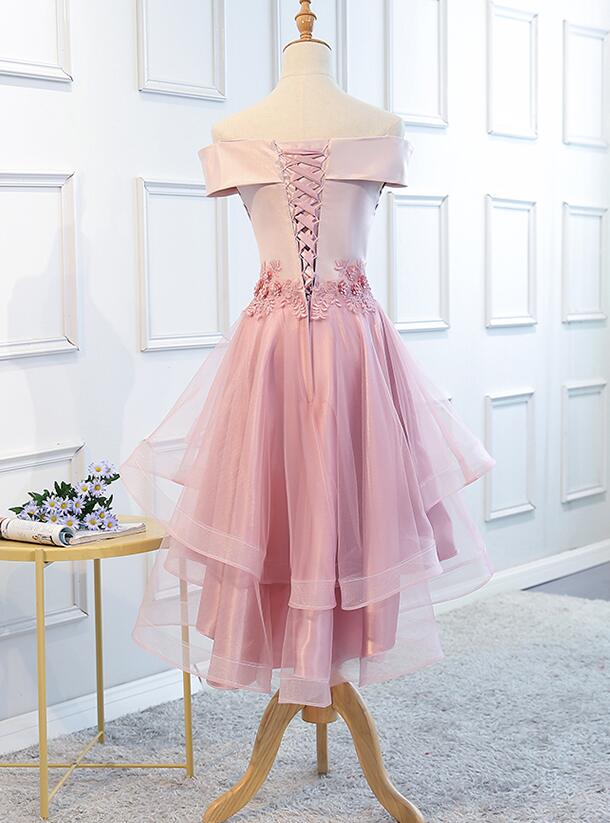 Lovely Off Shoulder Tulle Pink Layers Homecoming Dress, High Low Party Dress c2692