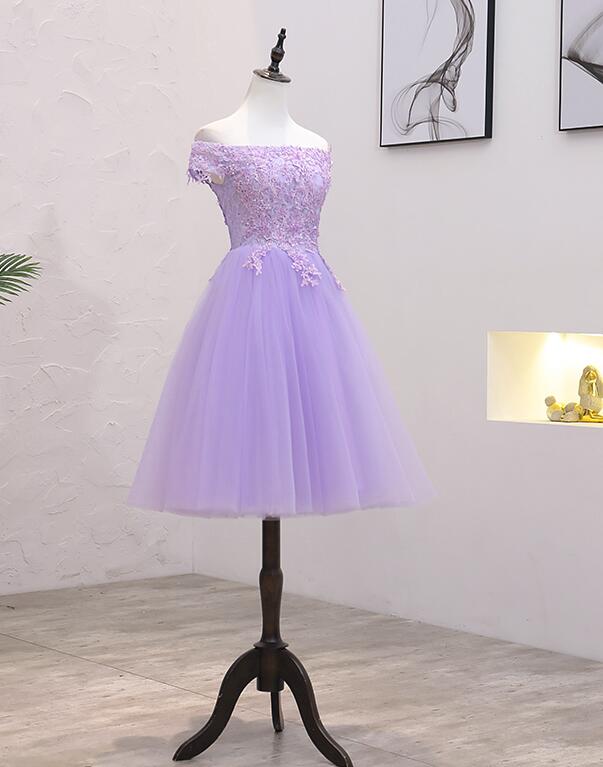 Light Purple Lace And Tulle Off The Shoulder Homecoming Dress, Short Party Dress c2779