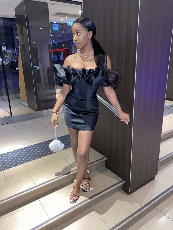 Ruffled Neckline Black Short Party Dress Popular Black Dress Short cc324