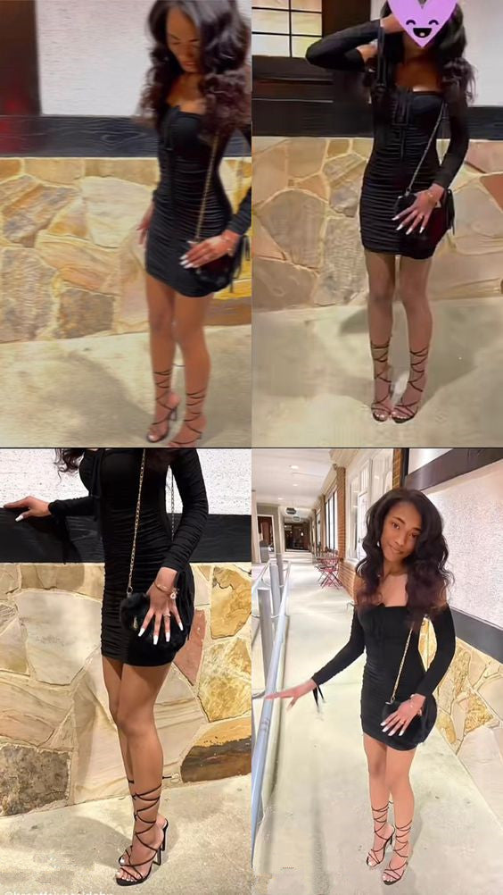 Black Bodycon Dress Short Sexy Party Dress With Long Sleeves cc321