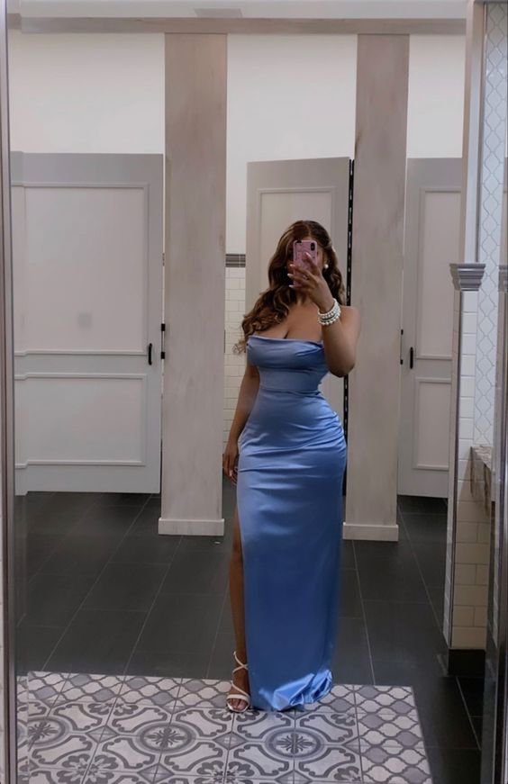 Blue Mermaid Long Prom Dress Charming Evening Dress With Side Slit cc317