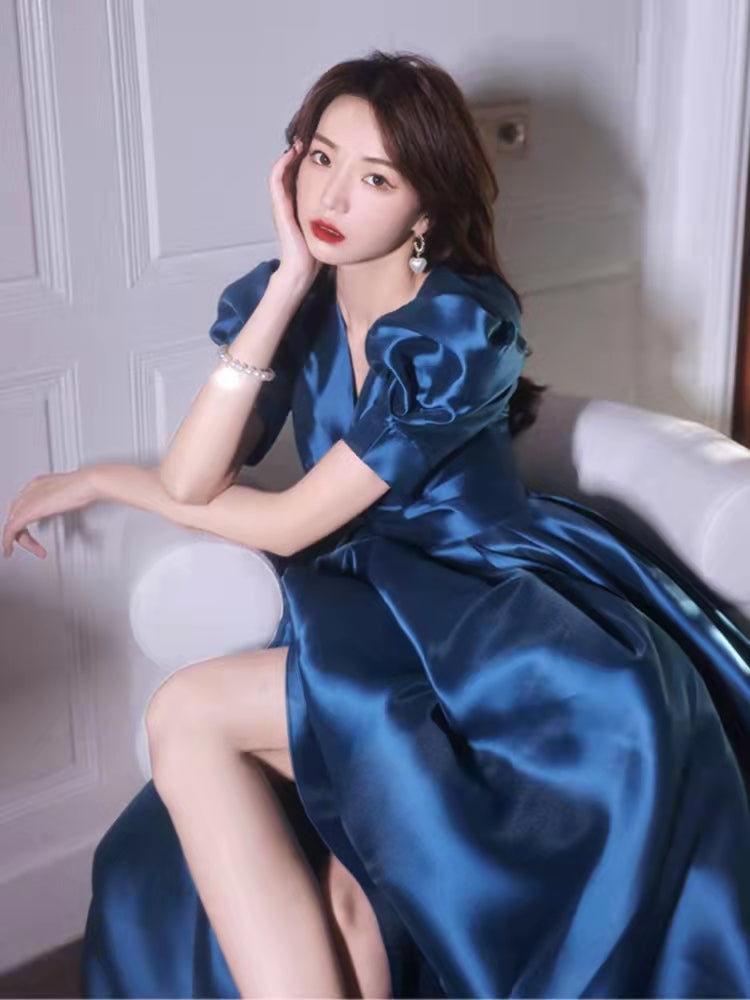 Yellow/Blue satin long A line prom dress evening dress C856