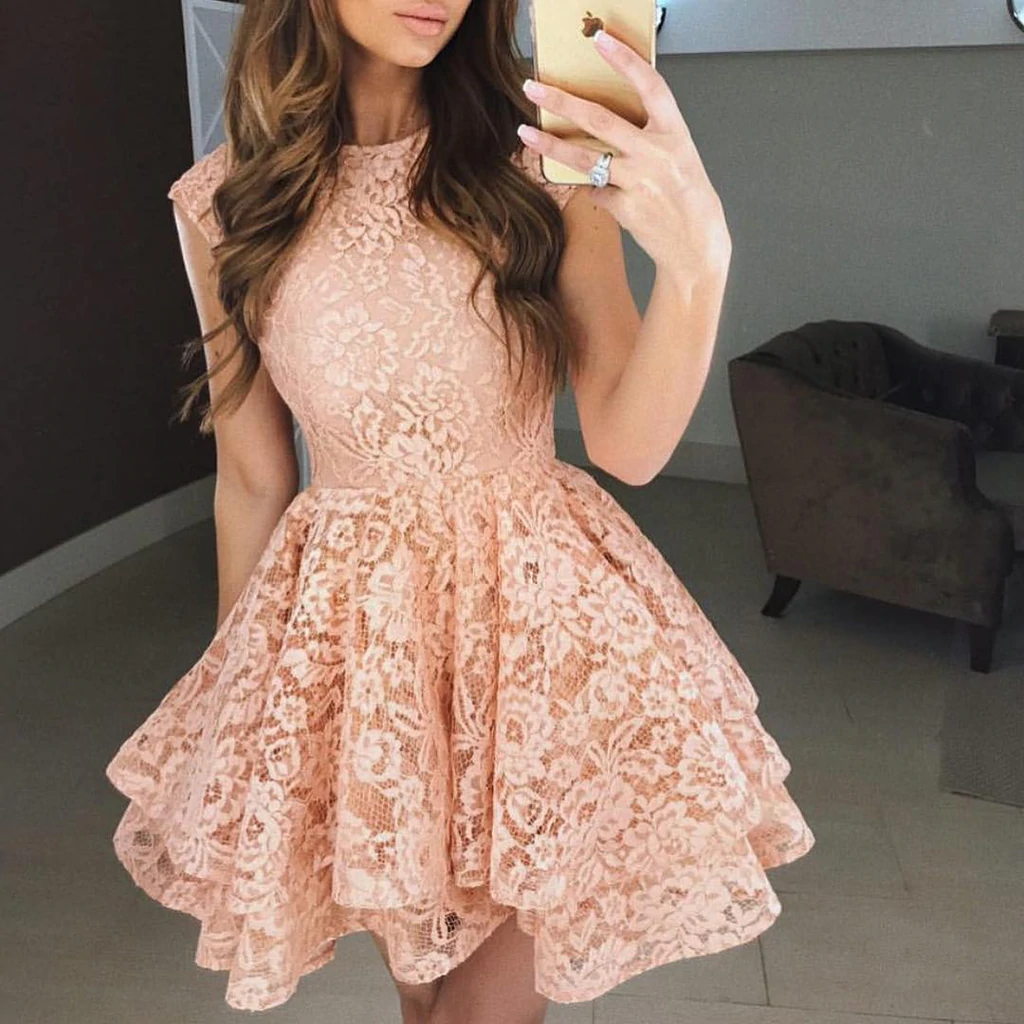 Round Neck Cap Sleeves Short Lace Prom Dresses, Round Neck Short Cap Sleeves Lace Formal Homecoming Graduation Dresses c2485