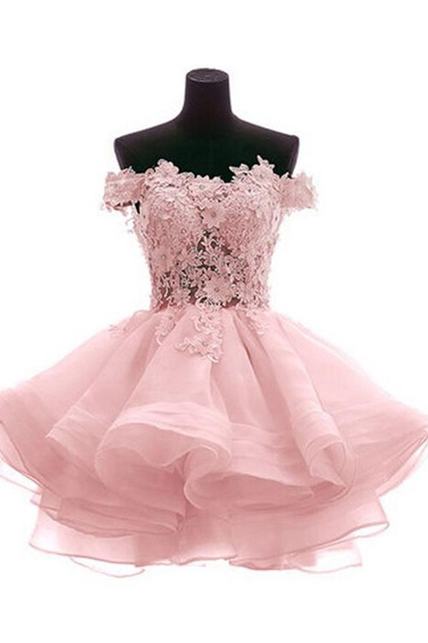 White sweetheart lace applique short cute white homecoming dress Off Shoulder Organza Short Lace Applique Teen Formal Dress c3219