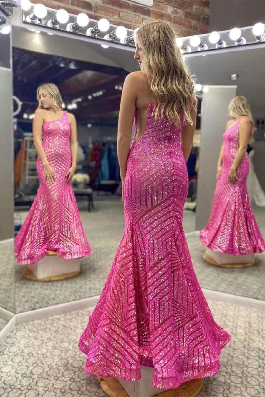 Mermaid One Shoulder Hot Pink Long Prom Dress cc467