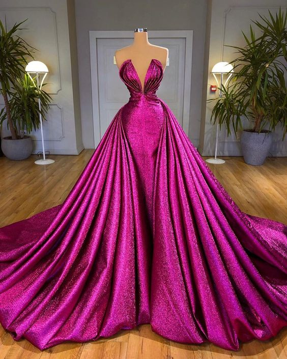 Fuchsia Glitter Prom Dresses Long Strapless V Neck Formal Evening Dress Celebrity Gown cc78
