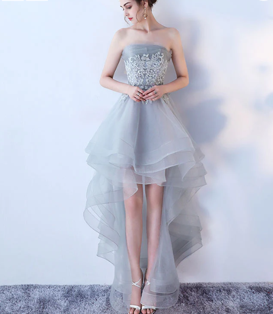 Gray tulle lace high low prom dress, cute homecoming dress c2611