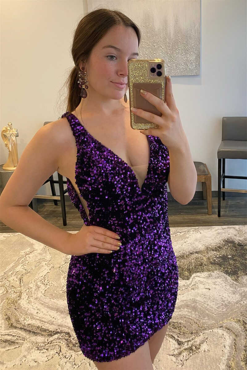 Purple Sequins Plunge Mini Homecoming Dress Open Back Homecoming Dress cc111