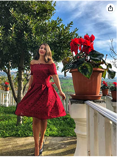Women's Vintage Floral Lace Short Sleeve Boat Neck Cocktail Party Swing Dress Homecoming Dress c2680