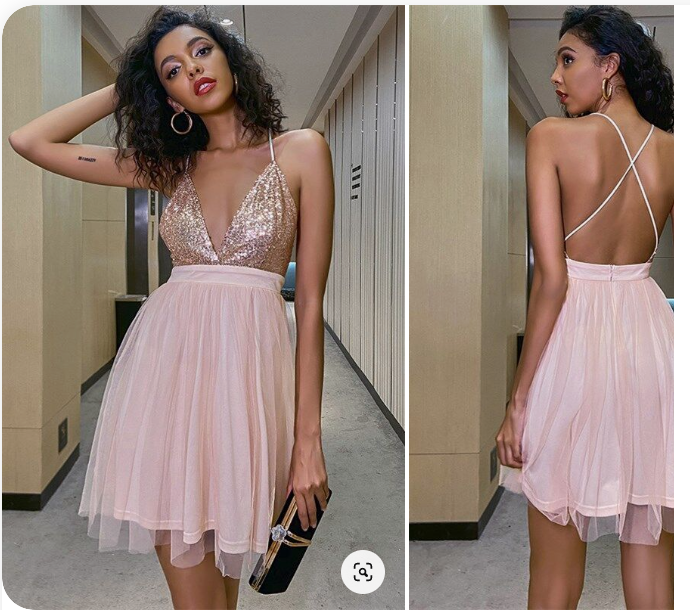 A-line Champagne Short Sequins and Tulle Party Dress c3128