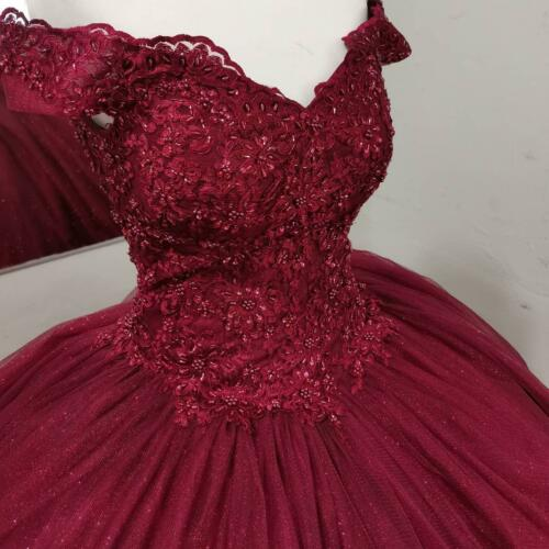 Burgundy Off the Shoulder Quinceanera Dresses Ball Gown Lace Prom Sweet 16 Dress c2768