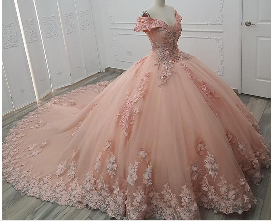 Off The Shoulder Pink Ball Gown Long Train Tulle Appliuqes Sweet 16 Dress c3268